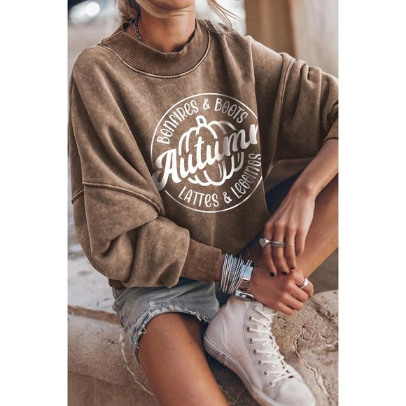 Azura Exchange  Brown Autumn Pumpkin Print Loose Drop Shoulder Sweatshirt - Picture 2 of 5